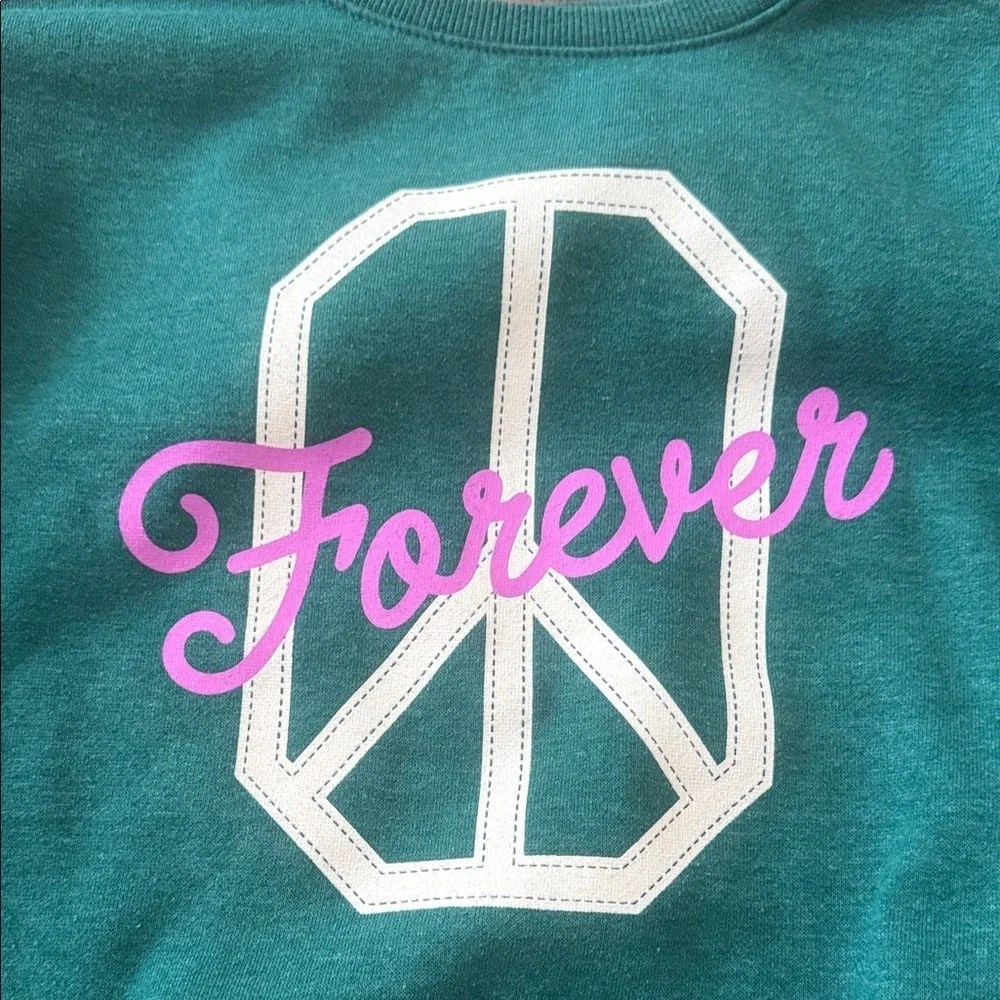 Girls Teal Sweatshirt with Peace Sign and 'Forever' Graphic